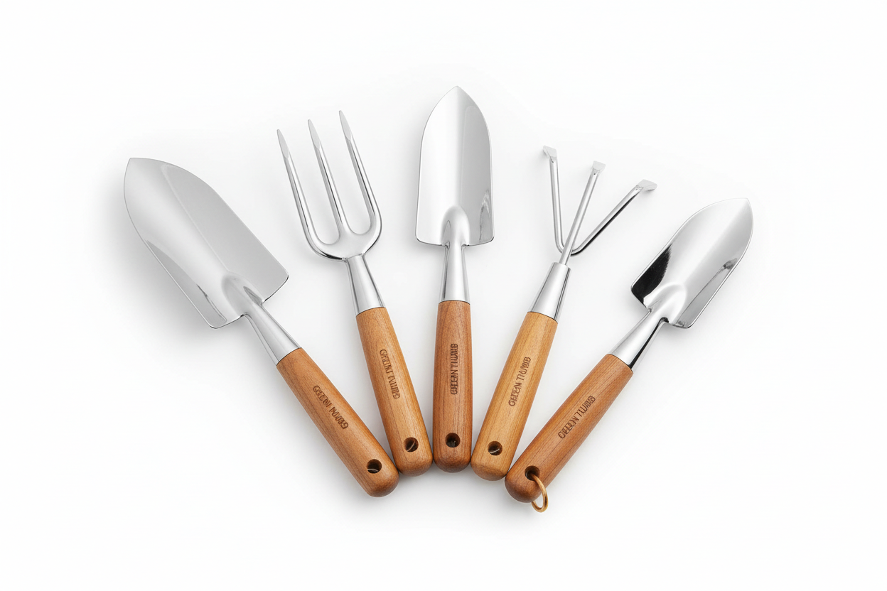 Ergonomisches Gartengeräte-Set (5-teilig) — Edelstahl & Hartholz