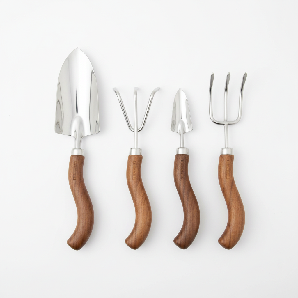 Ergonomisches Gartengeräte-Set (5-teilig) — Edelstahl & Hartholz